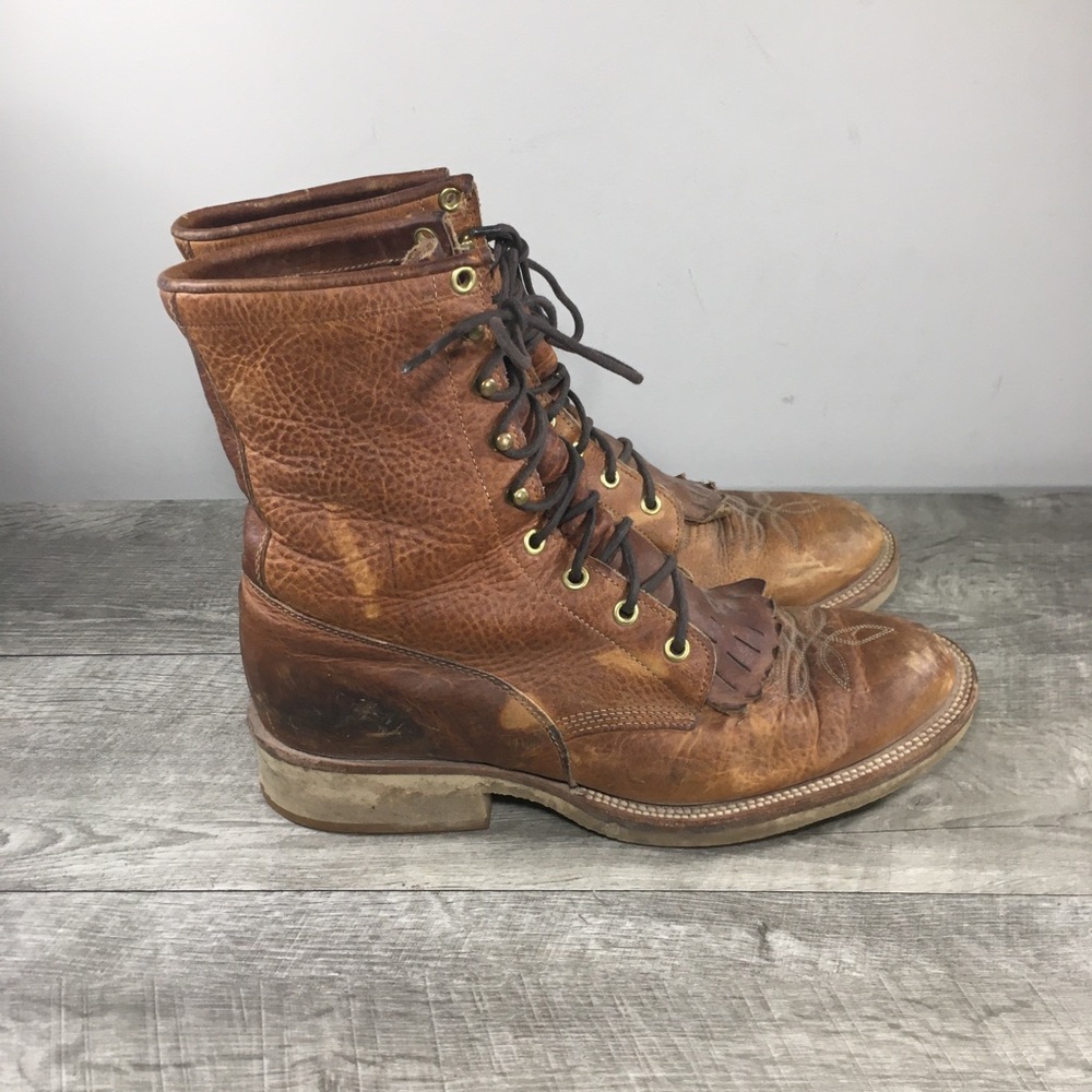 Vintage Justin 334 Lacer Roper Bay Apache Leather Kiltie Men's Boots Size 8.5